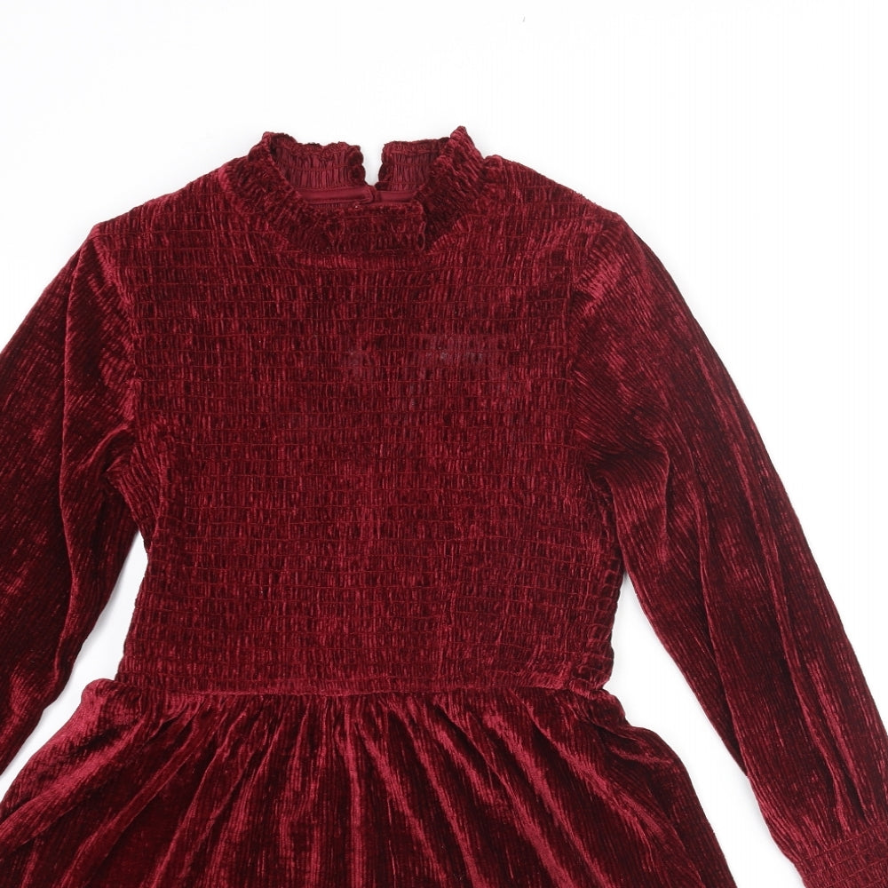 Marks and Spencer Girls Red Polyester Fit & Flare Size 9-10 Years Mock Neck Button - Rouched Frill