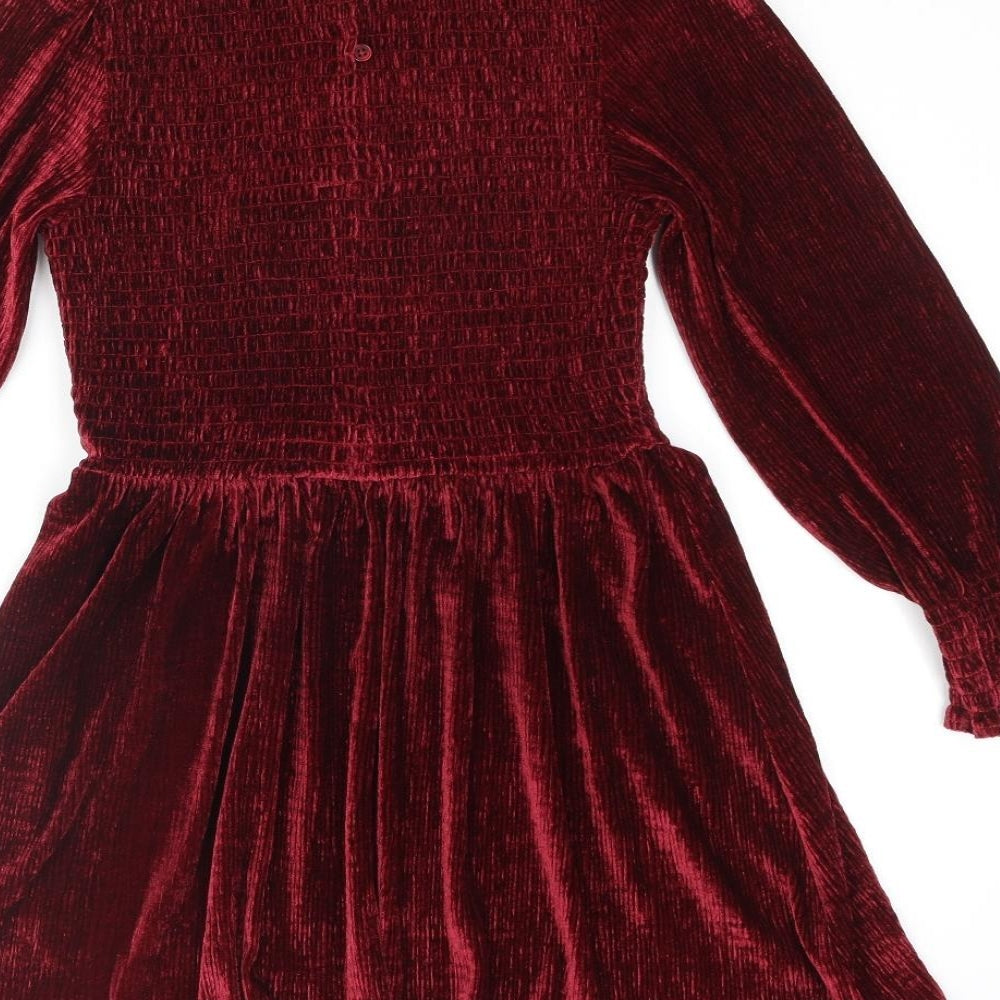 Marks and Spencer Girls Red Polyester Fit & Flare Size 9-10 Years Mock Neck Button - Rouched Frill