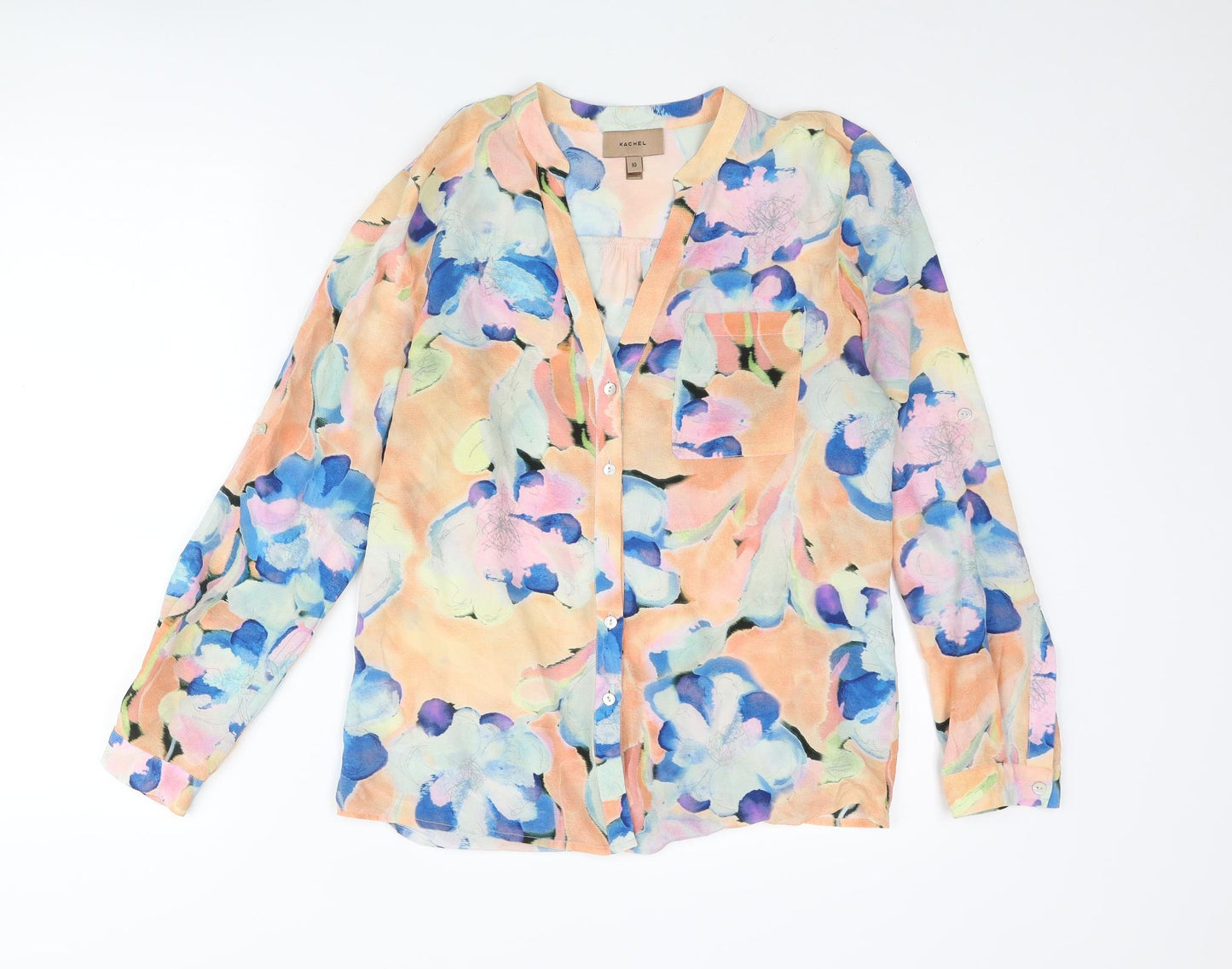 Kachel Womens Multicoloured Floral Silk Basic Blouse Size 10 V-Neck