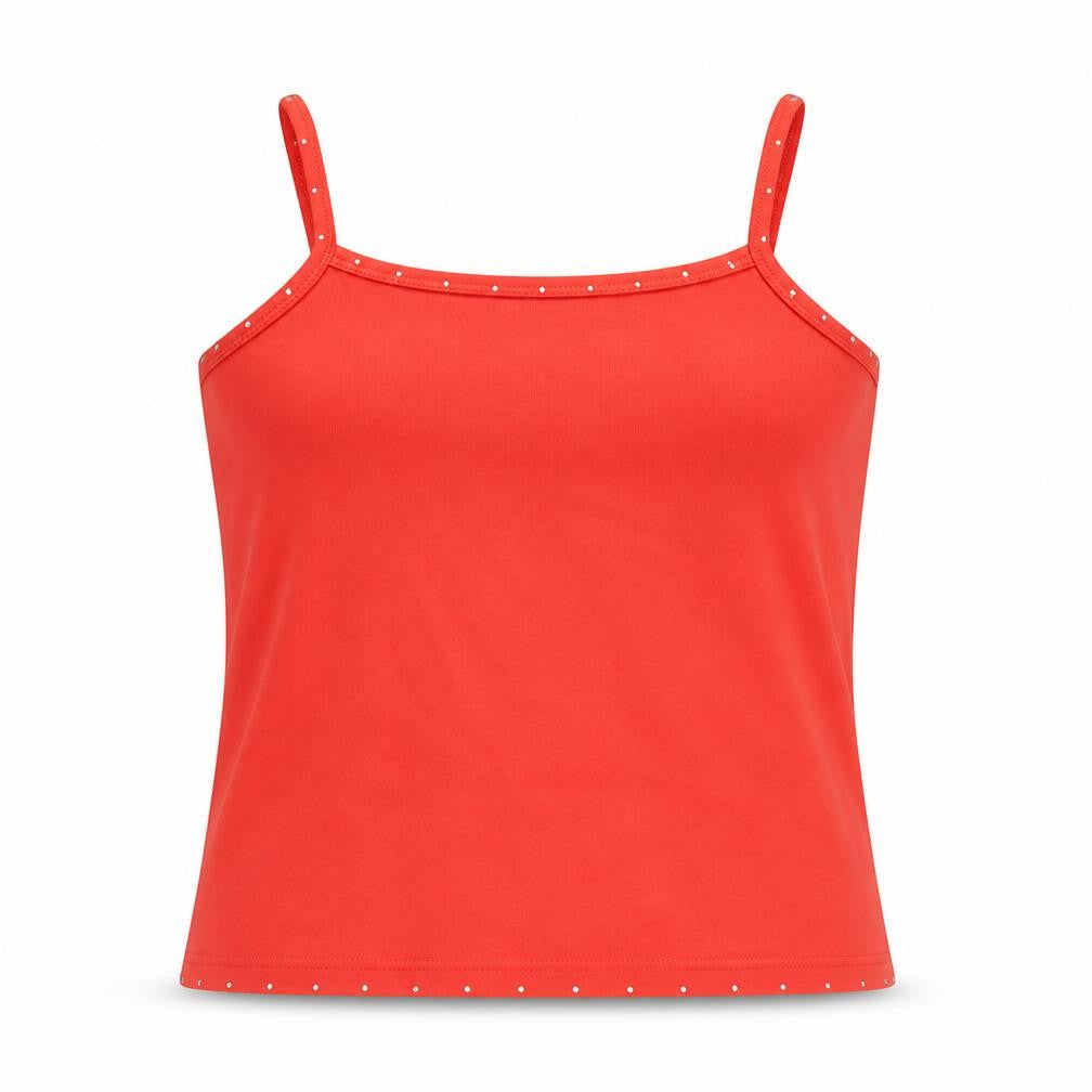 Front view of Emreco women’s yellow cotton basic tank, size UK 14, square neck - rinestone detail