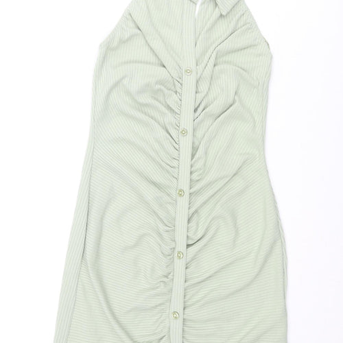 Pink Vanilla Womens Green Polyester Shirt Dress Size 8 Collared Button - Rouched Ribbed