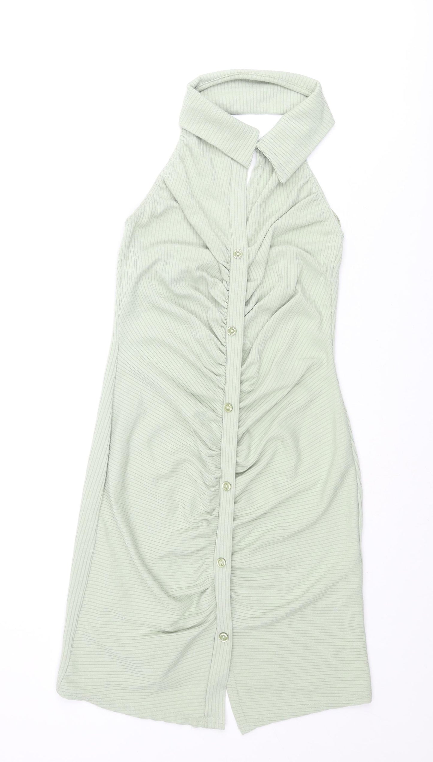 Pink Vanilla Womens Green Polyester Shirt Dress Size 8 Collared Button - Rouched Ribbed