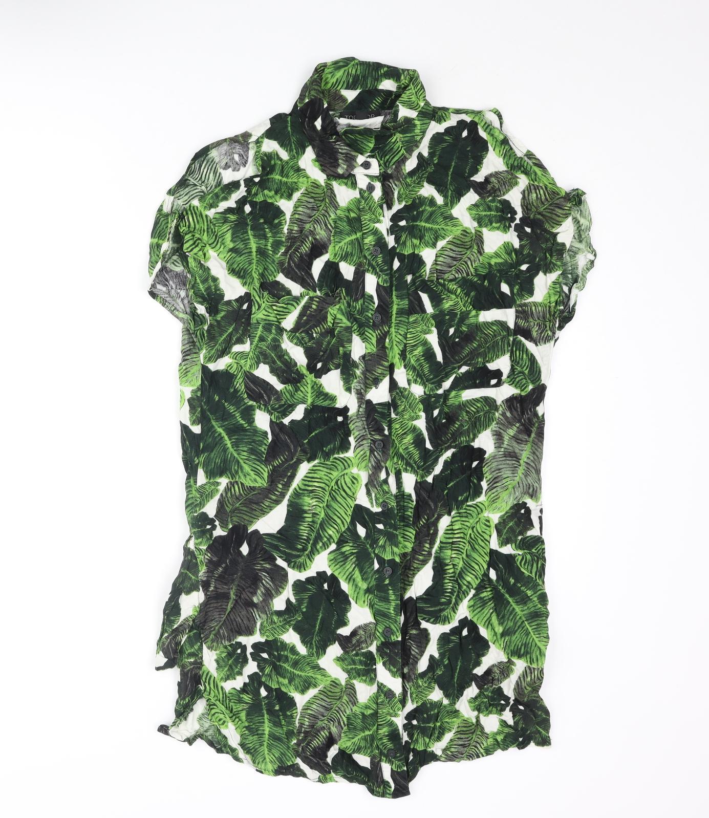 Topshop Womens Green Geometric Viscose Shirt Dress Size 10 Collared Button - Cold Shoulder