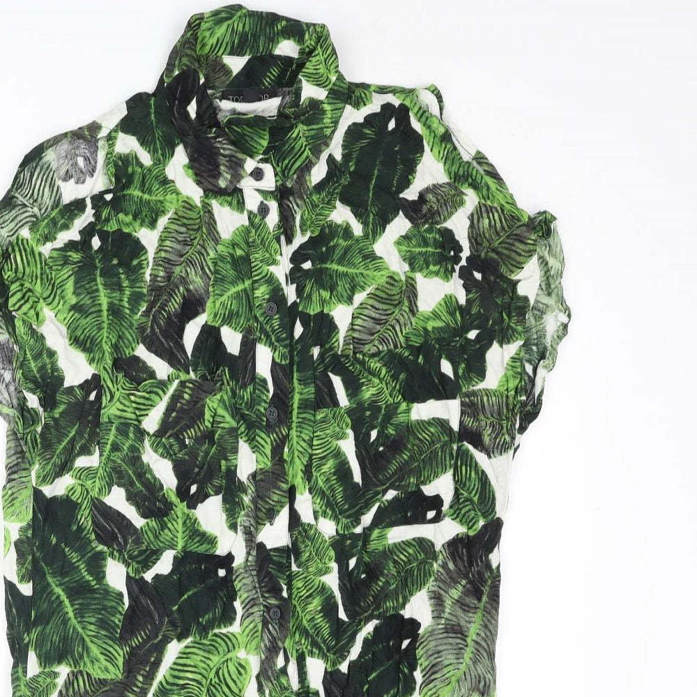 Topshop Womens Green Geometric Viscose Shirt Dress Size 10 Collared Button - Cold Shoulder