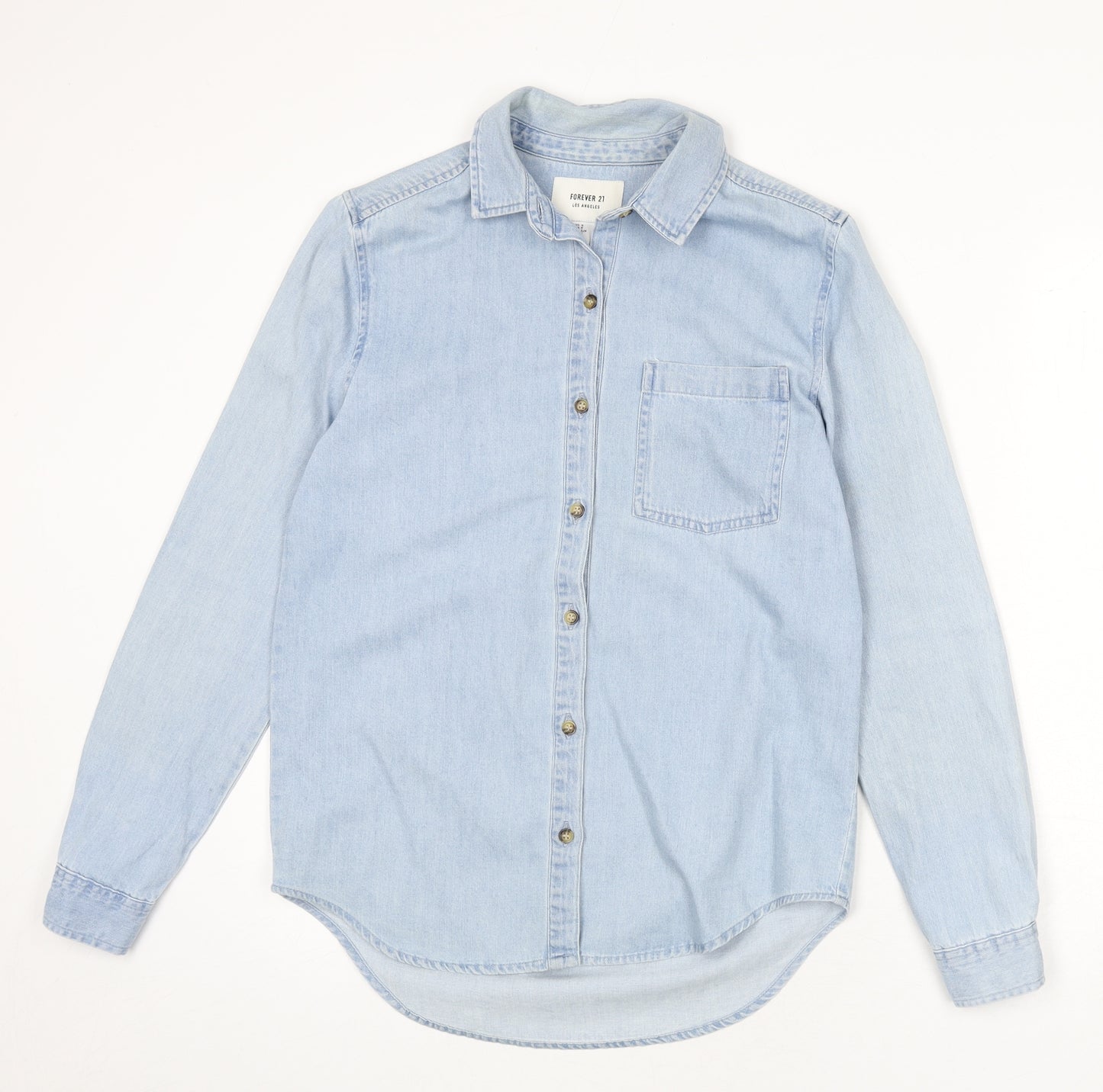 FOREVER 21 Womens Blue 100% Cotton Basic Button-Up Size S Collared