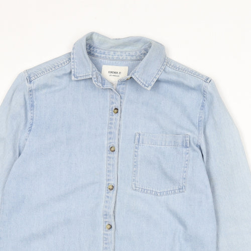 FOREVER 21 Womens Blue 100% Cotton Basic Button-Up Size S Collared