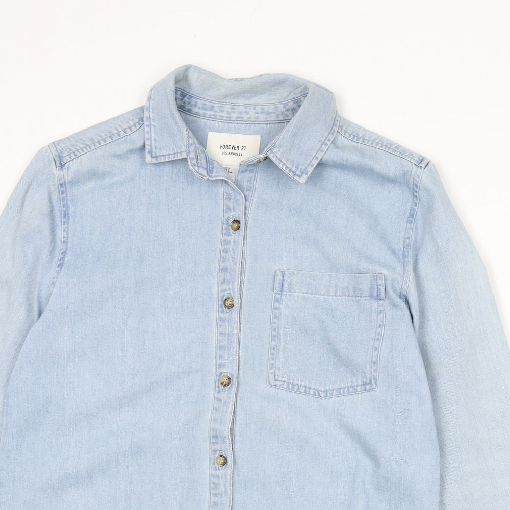 FOREVER 21 Womens Blue 100% Cotton Basic Button-Up Size S Collared