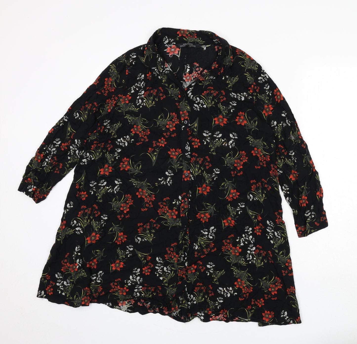 Zara Womens Black Floral Polyester Shirt Dress Size M Collared Button
