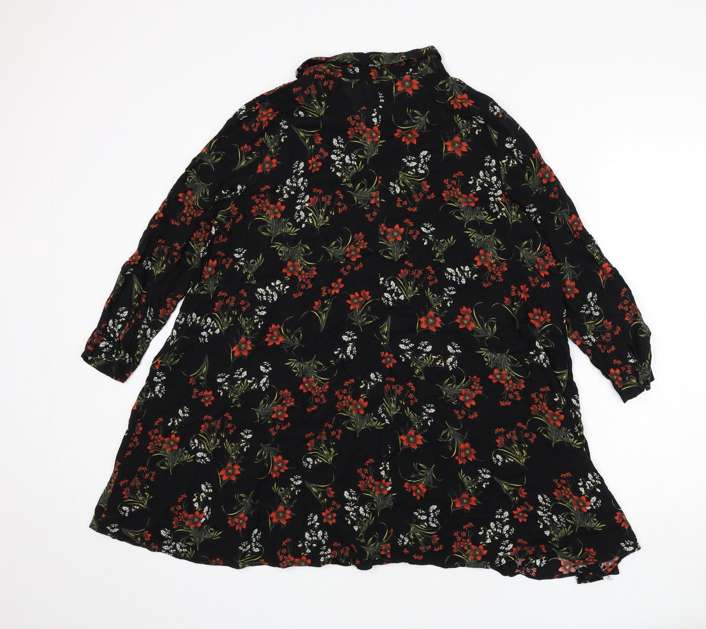 Zara Womens Black Floral Polyester Shirt Dress Size M Collared Button