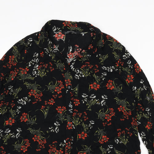 Zara Womens Black Floral Polyester Shirt Dress Size M Collared Button