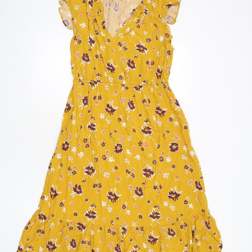Gap Womens Yellow Floral Viscose A-Line Size M V-Neck Pullover - Ruffle Detail
