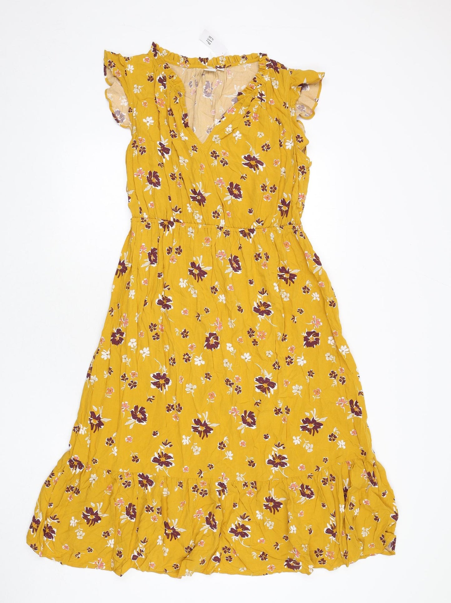 Gap Womens Yellow Floral Viscose A-Line Size M V-Neck Pullover - Ruffle Detail