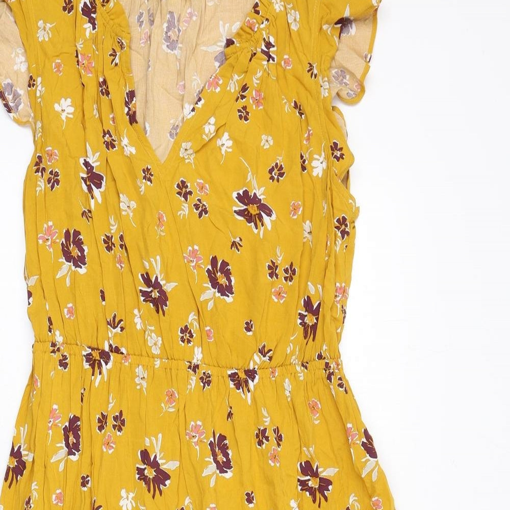 Gap Womens Yellow Floral Viscose A-Line Size M V-Neck Pullover - Ruffle Detail