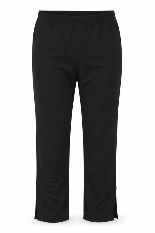 Front view of Boohoo women’s black polyester trousers, size UK 20, 31-inch leg regular - split on hems, ribbed