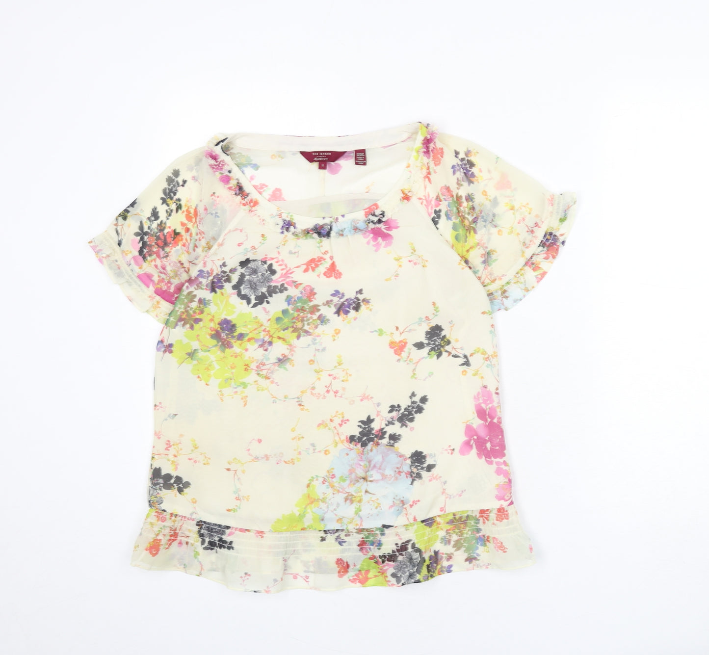 Ted Baker Womens Beige Floral Polyester Basic Blouse Size S Round Neck