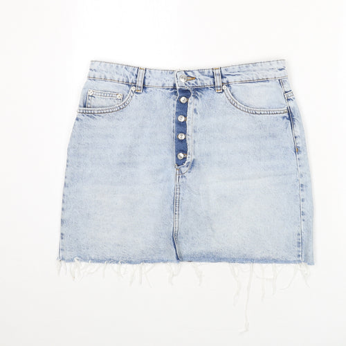 Zara Womens Blue Cotton A-Line Skirt Size L Buckle - Distressed Hems