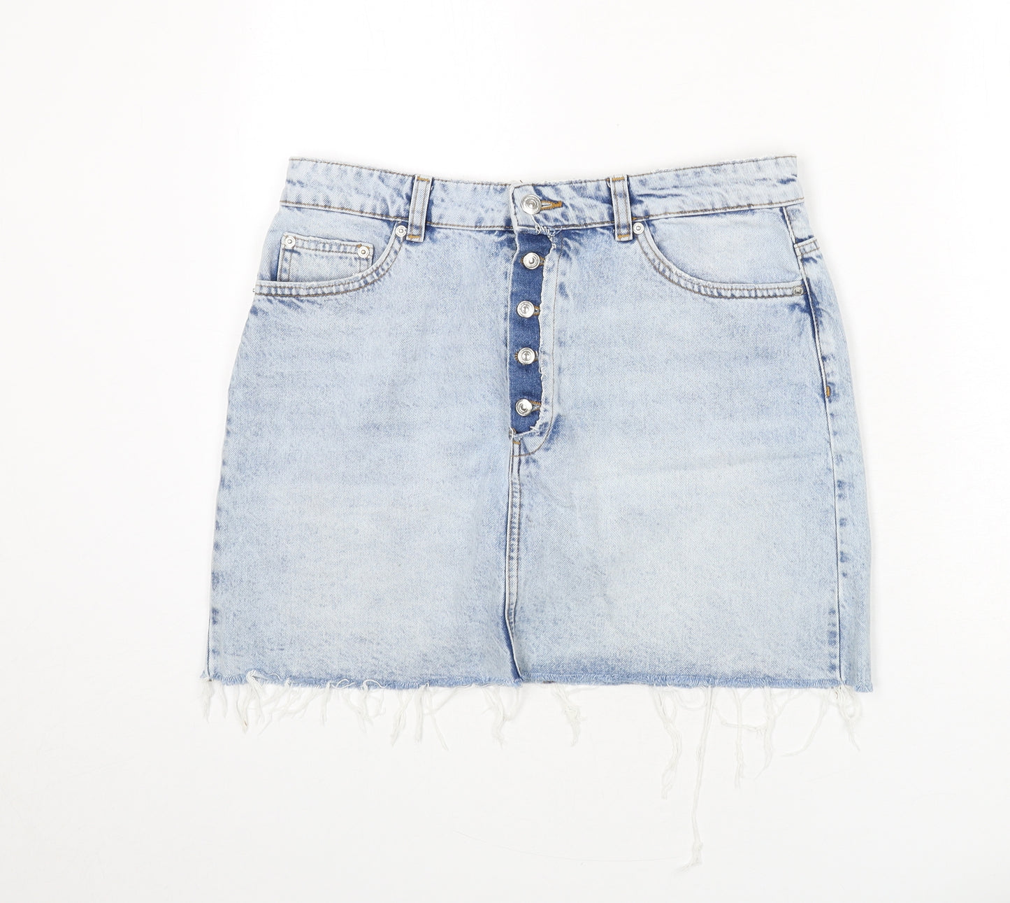 Zara Womens Blue Cotton A-Line Skirt Size L Buckle - Distressed Hems