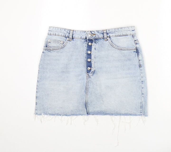 Zara Womens Blue Cotton A-Line Skirt Size L Buckle - Distressed Hems