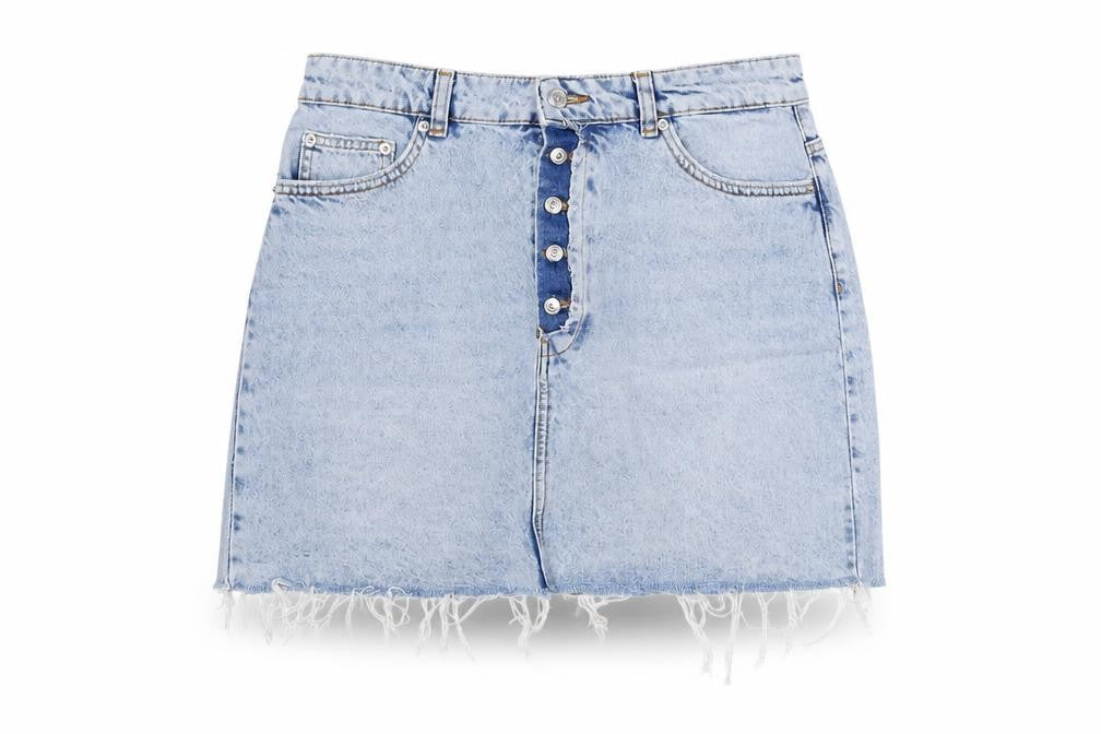 Zara Womens Blue Cotton A-Line Skirt Size L Buckle - Distressed Hems