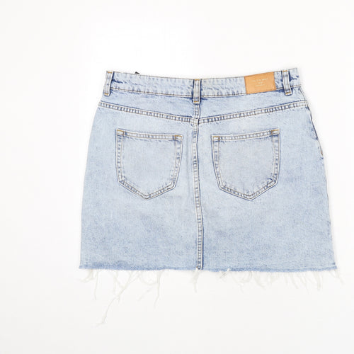 Zara Womens Blue Cotton A-Line Skirt Size L Buckle - Distressed Hems