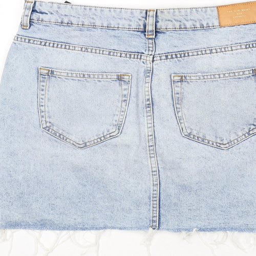 Zara Womens Blue Cotton A-Line Skirt Size L Buckle - Distressed Hems