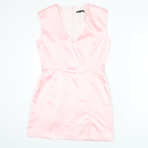Zara Womens Pink Polyester A-Line Size L V-Neck Zip