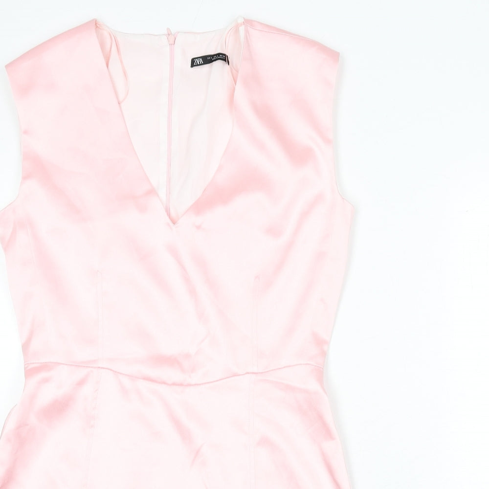 Zara Womens Pink Polyester A-Line Size L V-Neck Zip