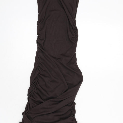 PRETTYLITTLETHING Womens Brown Polyester Bodycon Size 6 Round Neck Pullover - Ruched Sides, Tie Detail, Ribbed