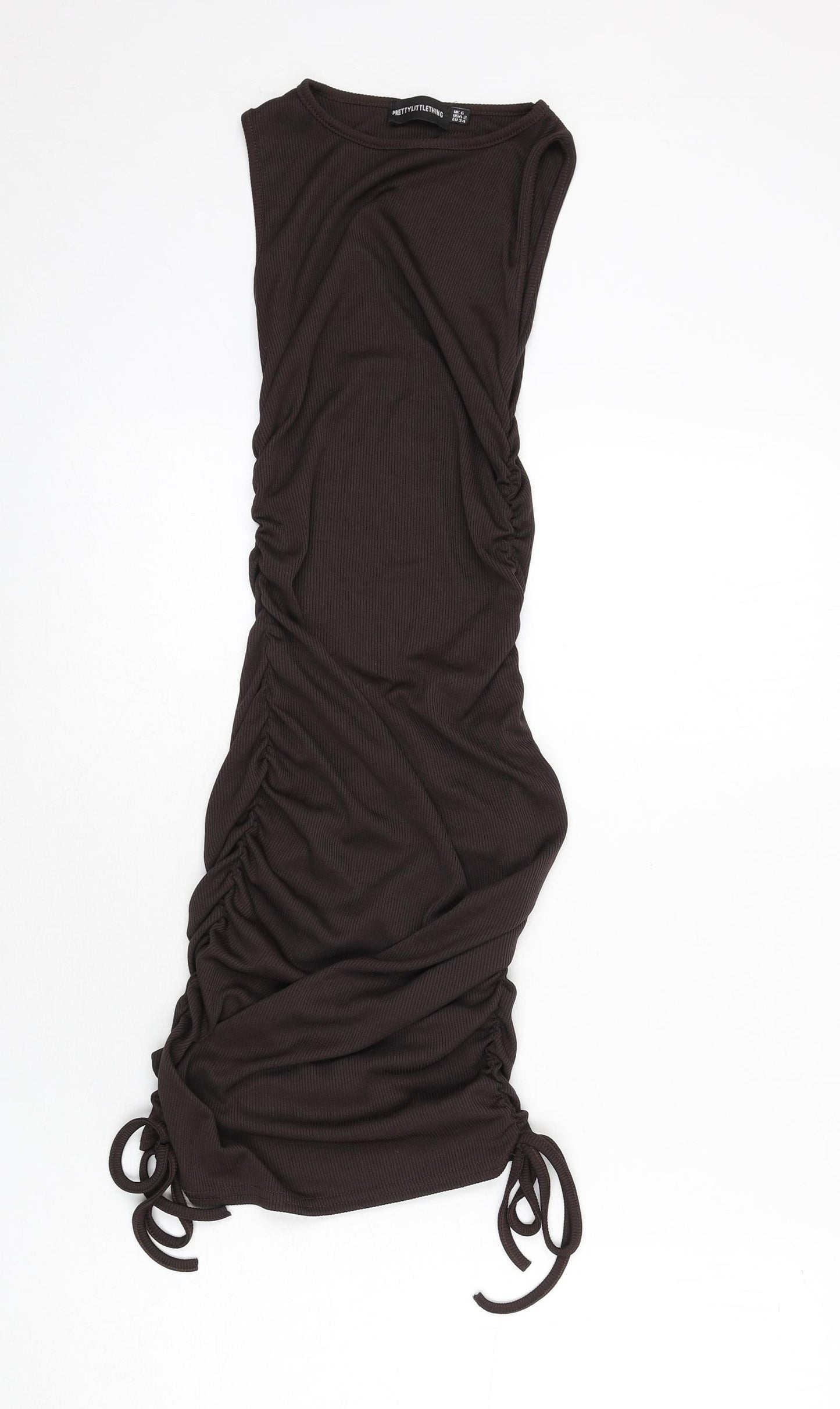 PRETTYLITTLETHING Womens Brown Polyester Bodycon Size 6 Round Neck Pullover - Ruched Sides, Tie Detail, Ribbed