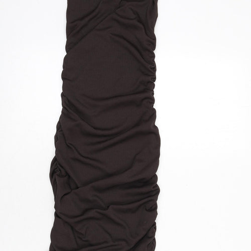 PRETTYLITTLETHING Womens Brown Polyester Bodycon Size 6 Round Neck Pullover - Ruched Sides, Tie Detail, Ribbed