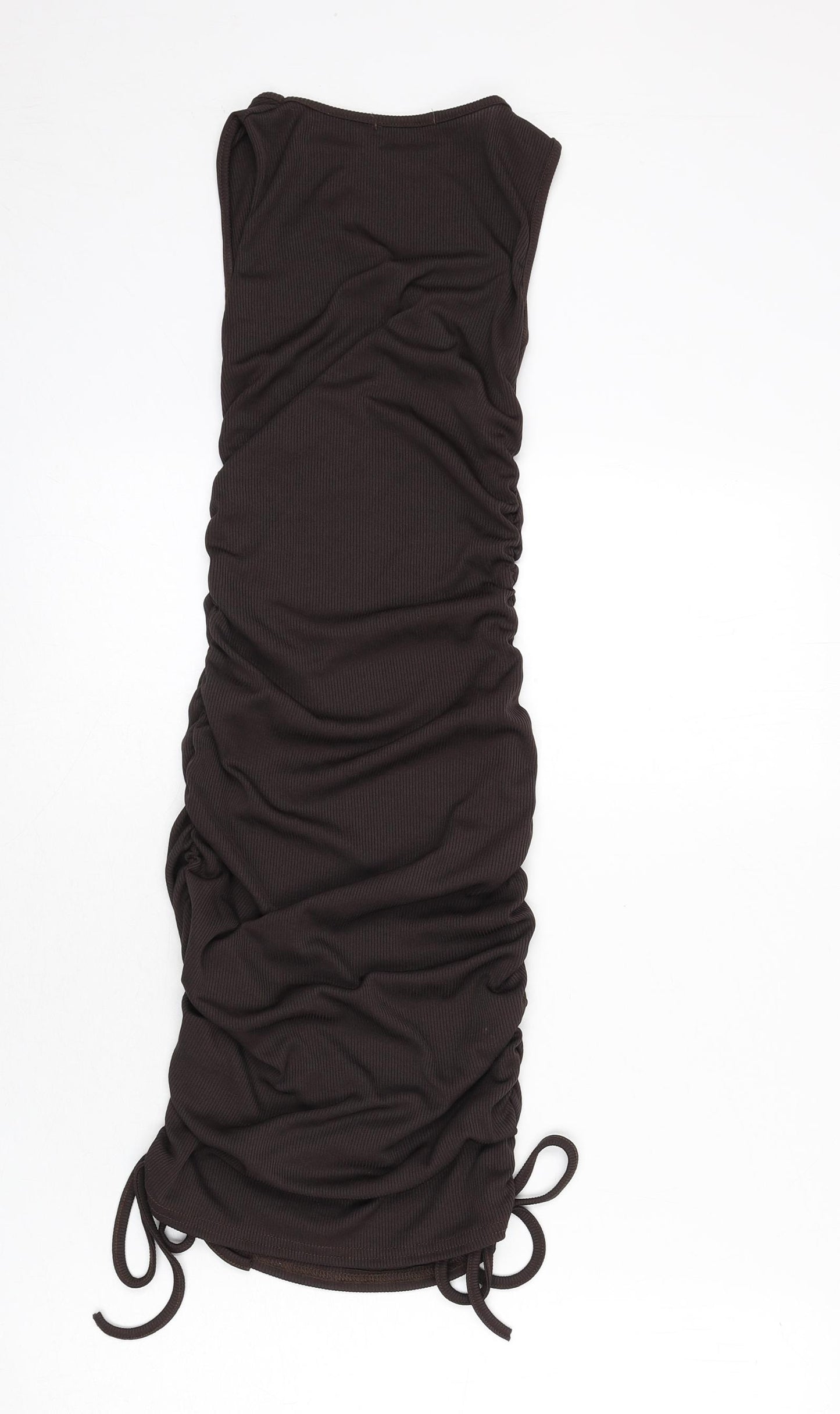 PRETTYLITTLETHING Womens Brown Polyester Bodycon Size 6 Round Neck Pullover - Ruched Sides, Tie Detail, Ribbed