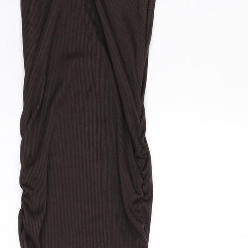 PRETTYLITTLETHING Womens Brown Polyester Bodycon Size 6 Round Neck Pullover - Ruched Sides, Tie Detail, Ribbed