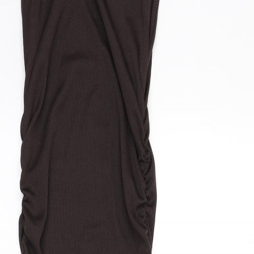 PRETTYLITTLETHING Womens Brown Polyester Bodycon Size 6 Round Neck Pullover - Ruched Sides, Tie Detail, Ribbed