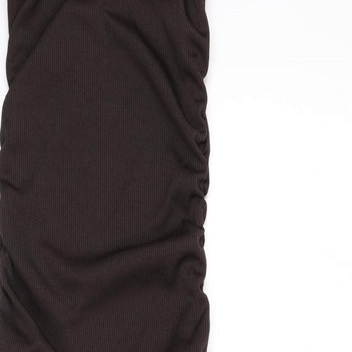 PRETTYLITTLETHING Womens Brown Polyester Bodycon Size 6 Round Neck Pullover - Ruched Sides, Tie Detail, Ribbed