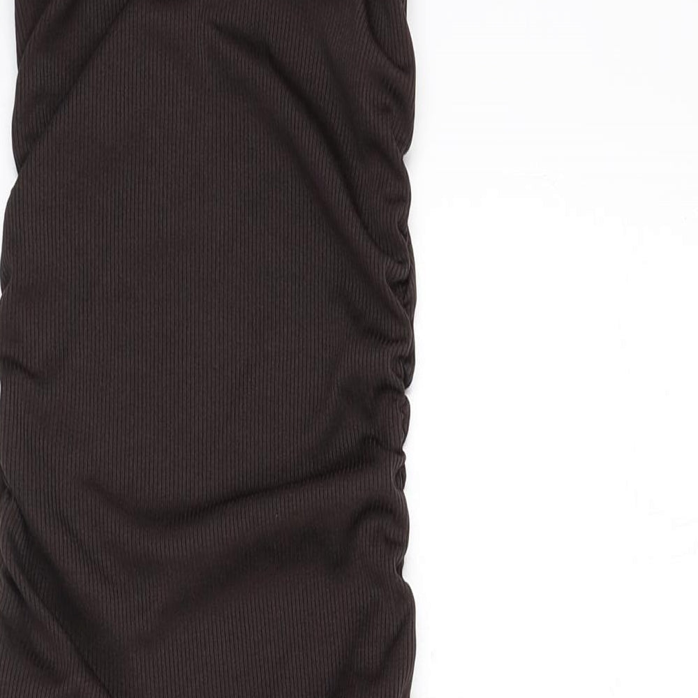 PRETTYLITTLETHING Womens Brown Polyester Bodycon Size 6 Round Neck Pullover - Ruched Sides, Tie Detail, Ribbed