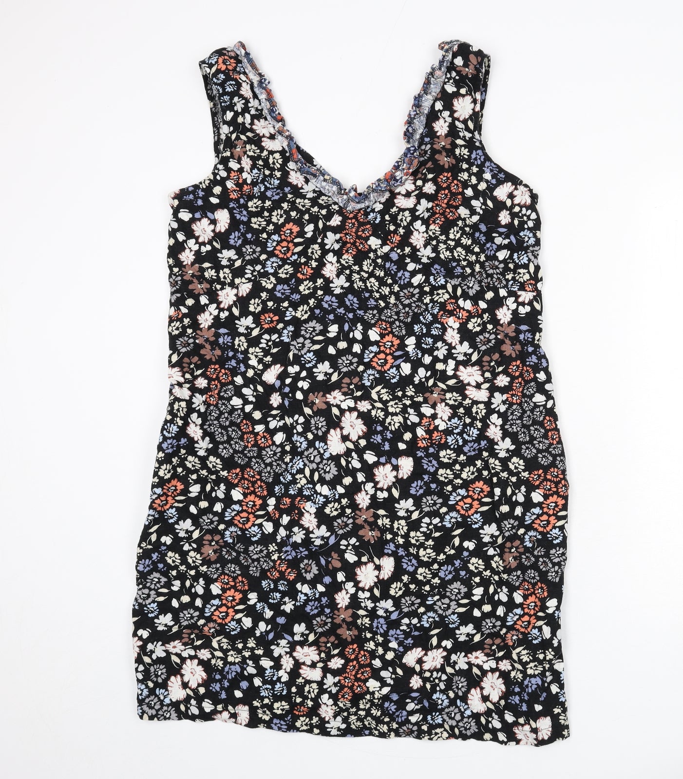 NEXT Womens Multicoloured Floral Linen Sheath Size 14 V-Neck Pullover - Ruffle Detail