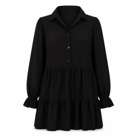 Front view of Cameo Rose women’s black polyester fit & flare, size UK 8, collared button