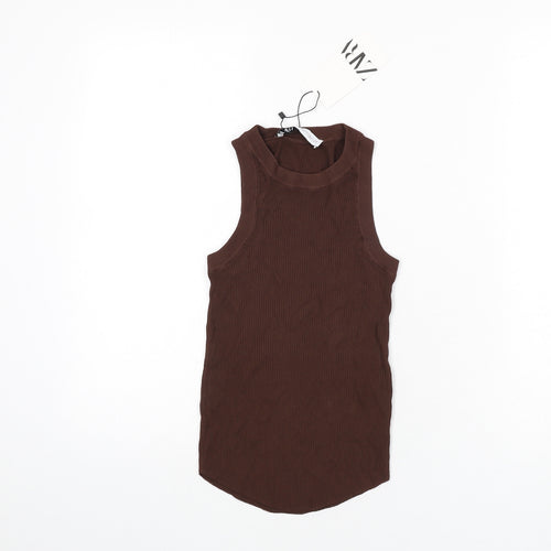Zara Womens Brown Viscose Basic Tank Size XS Round Neck - Ribbed
