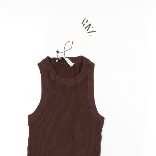 Zara Womens Brown Viscose Basic Tank Size XS Round Neck - Ribbed