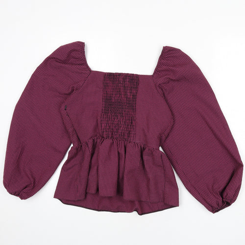 New Look Womens Purple Plaid Polyester Basic Blouse Size 12 Square Neck - Shirred Bust, Balloon Sleeves