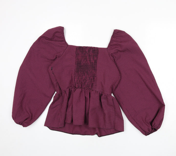 New Look Womens Purple Plaid Polyester Basic Blouse Size 12 Square Neck - Shirred Bust, Balloon Sleeves