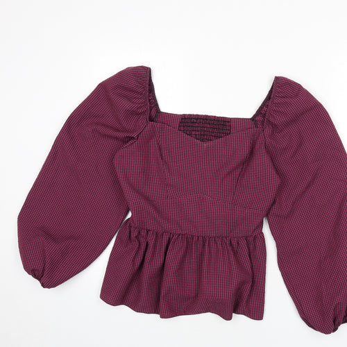 New Look Womens Purple Plaid Polyester Basic Blouse Size 12 Square Neck - Shirred Bust, Balloon Sleeves