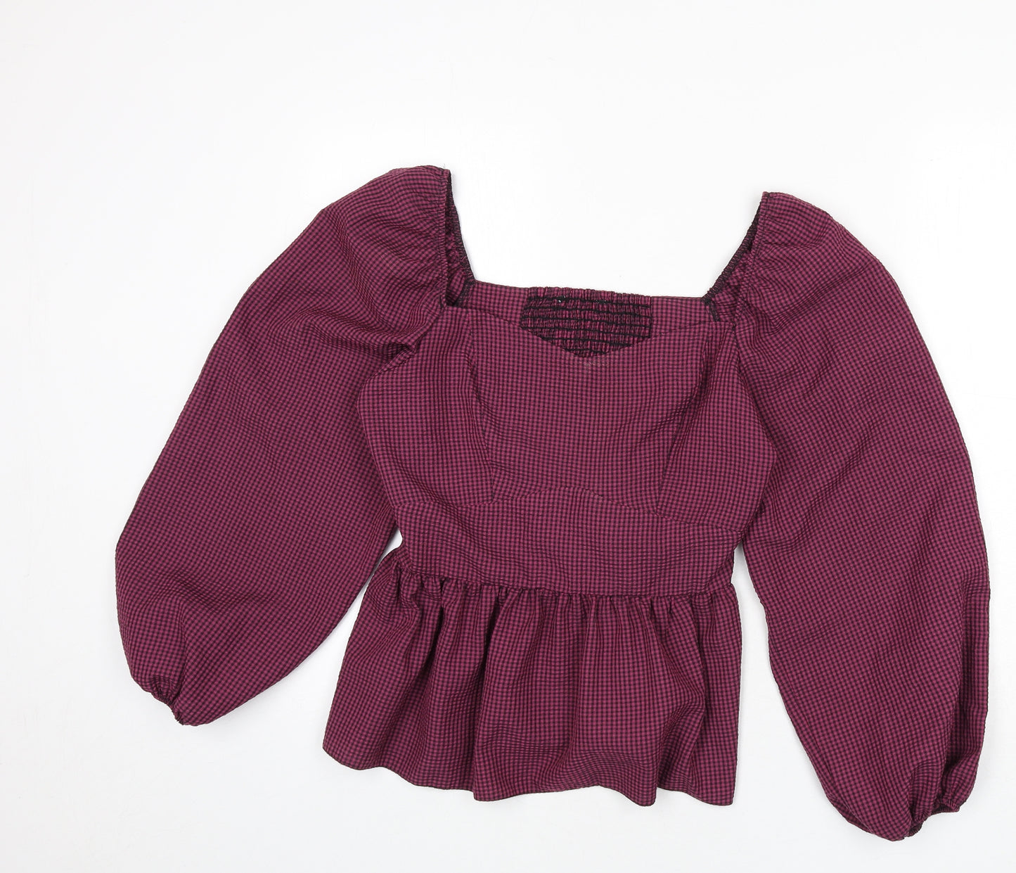 New Look Womens Purple Plaid Polyester Basic Blouse Size 12 Square Neck - Shirred Bust, Balloon Sleeves