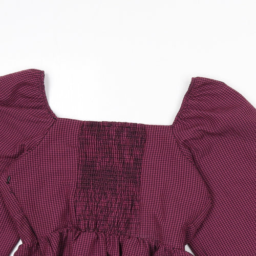 New Look Womens Purple Plaid Polyester Basic Blouse Size 12 Square Neck - Shirred Bust, Balloon Sleeves