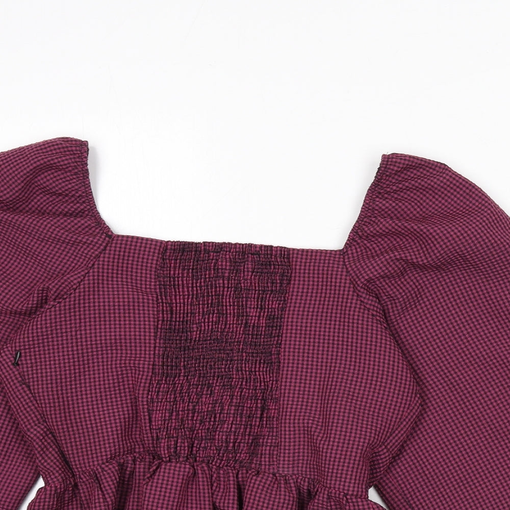 New Look Womens Purple Plaid Polyester Basic Blouse Size 12 Square Neck - Shirred Bust, Balloon Sleeves