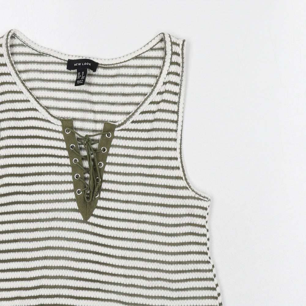 New Look Womens Green Striped Cotton Basic Tank Size M Scoop Neck