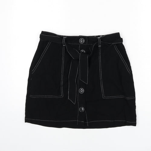 Miss Selfridge Womens Black Viscose A-Line Skirt Size 10 Button - Stitch Detail, Belt Included