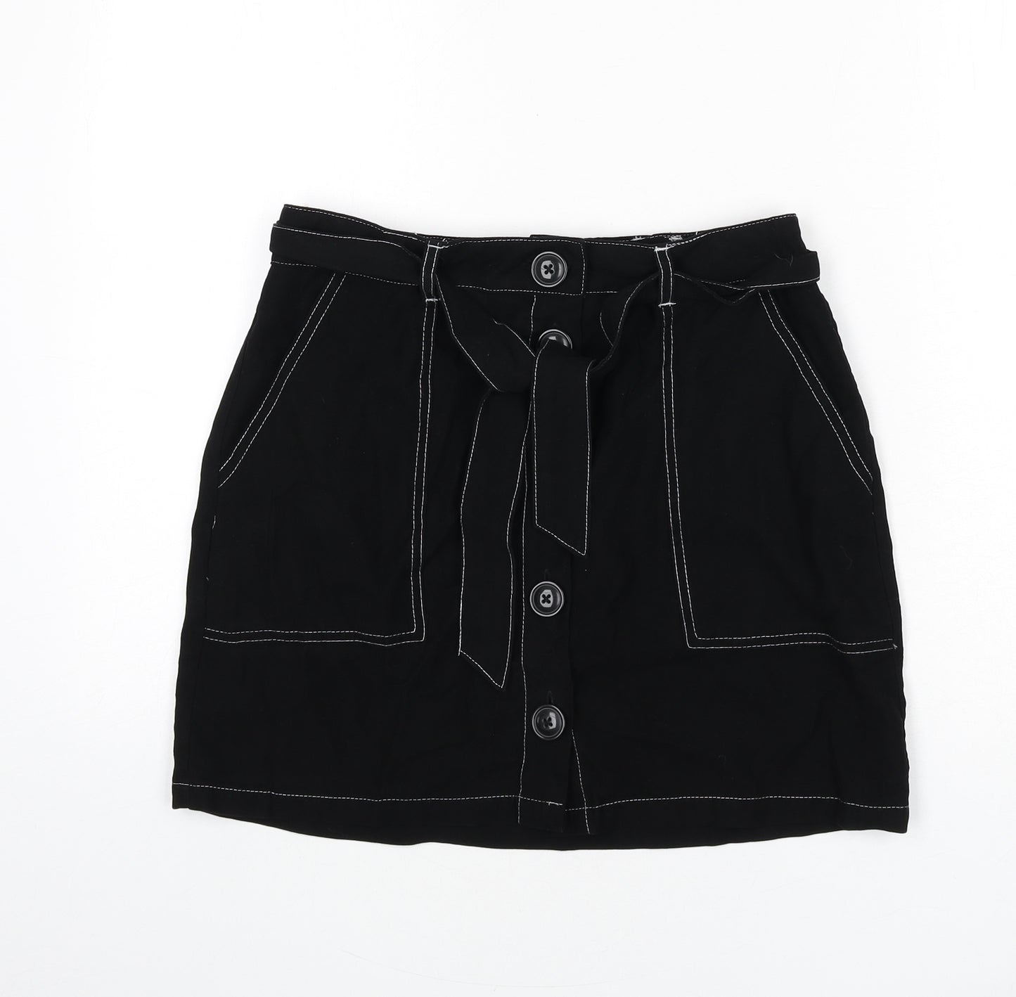 Miss Selfridge Womens Black Viscose A-Line Skirt Size 10 Button - Stitch Detail, Belt Included