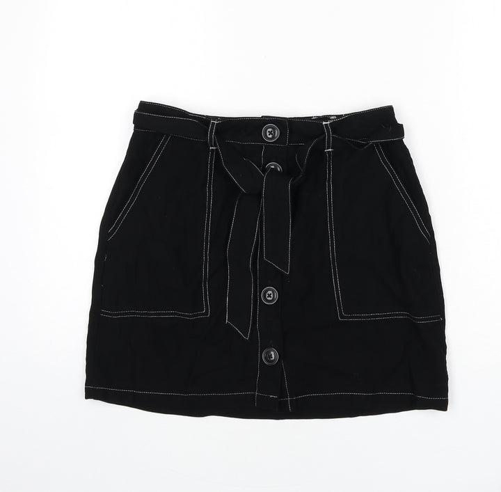Miss Selfridge Womens Black Viscose A-Line Skirt Size 10 Button - Stitch Detail, Belt Included