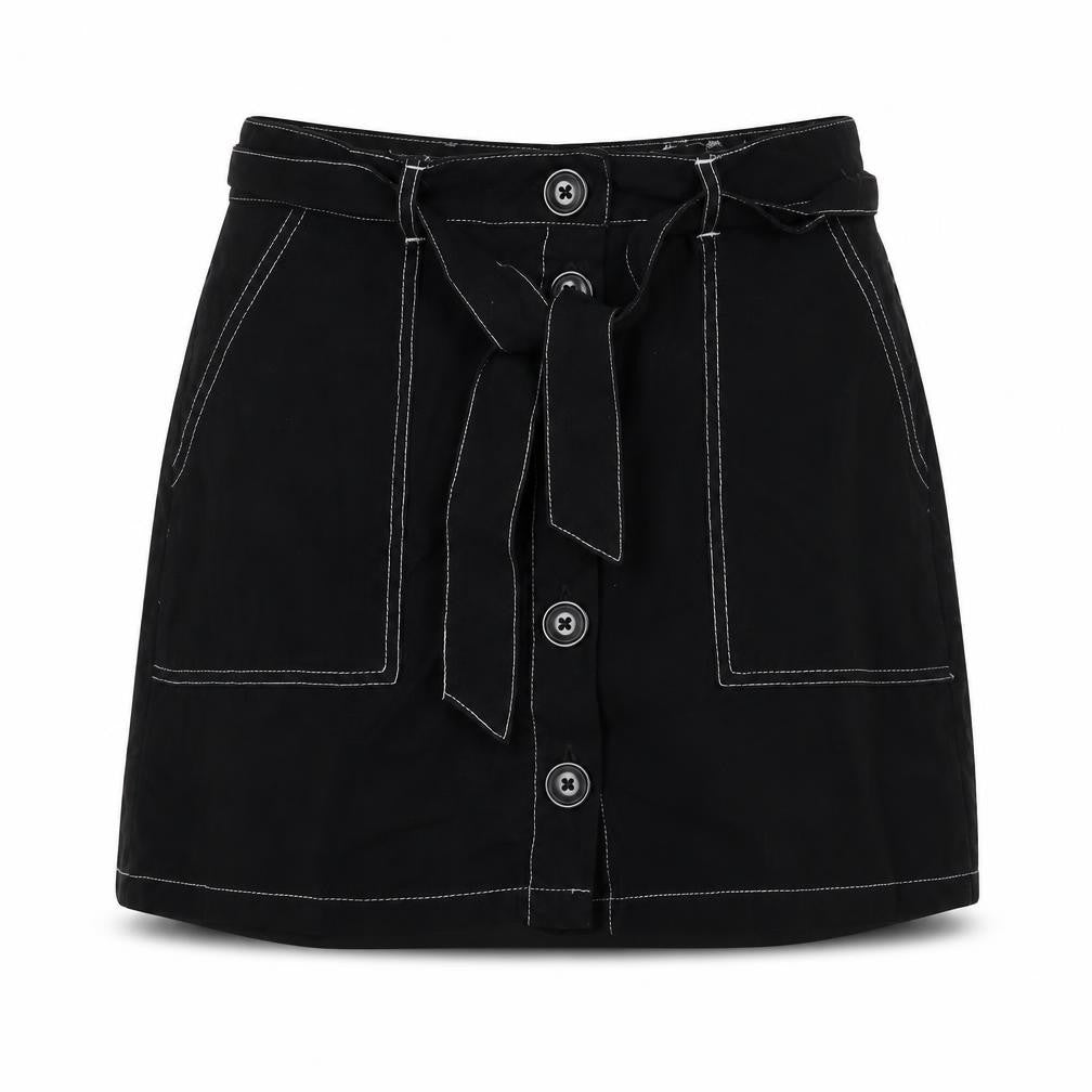 Miss Selfridge Womens Black Viscose A-Line Skirt Size 10 Button - Stitch Detail, Belt Included
